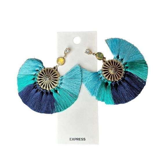 Statement Earrings From Express Boho Tropical Bold Gold & Shades of Blue Fringe - Picture 13 of 13